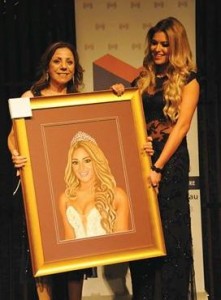 Marcelle Mansour delivers her painting of Centhia's portrait to Centhia Farah Miss Lebanon Australia 2014